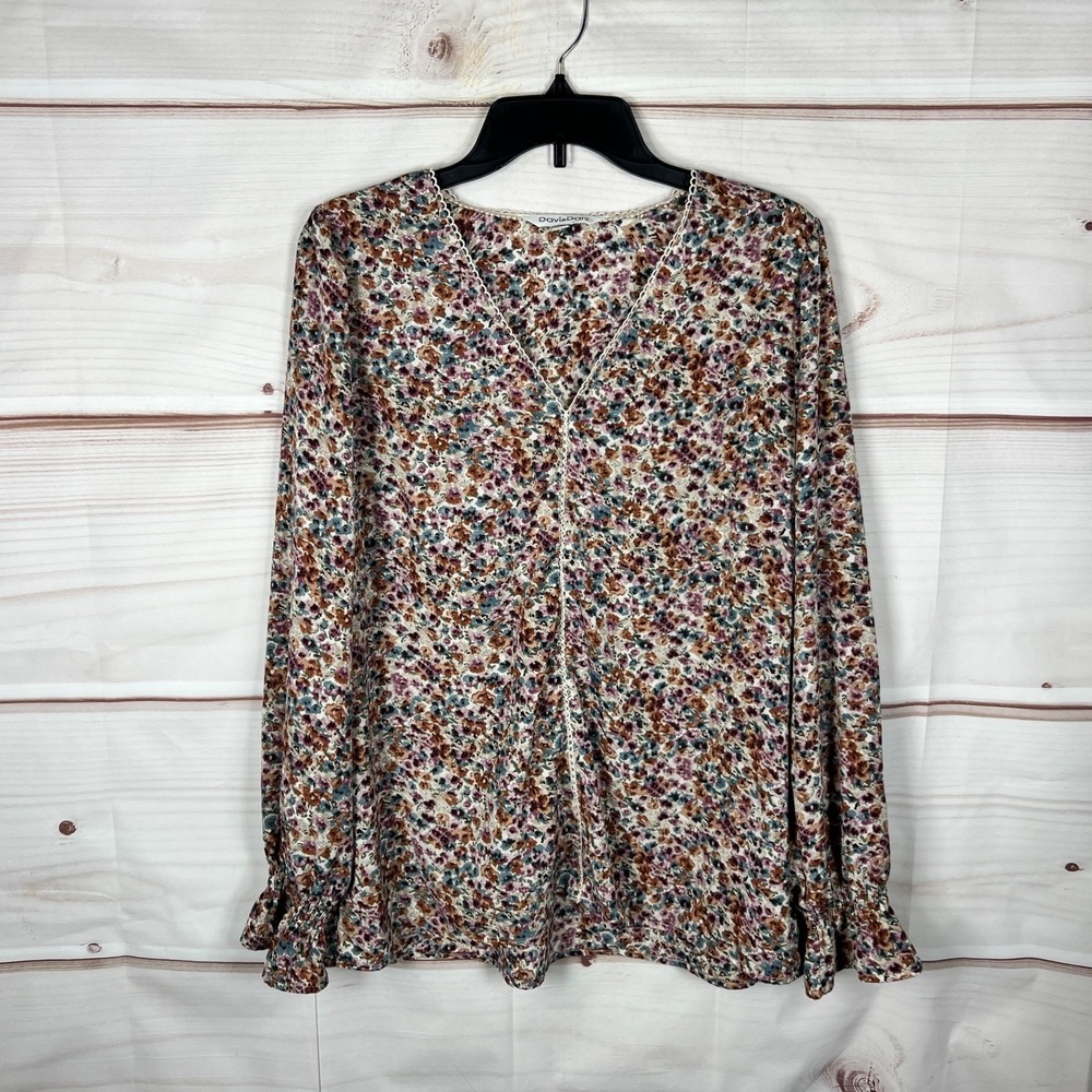 Davi & Dani Top Women Large Multicolor Floral Blouse V-Neck Smocked Sleeve Woven